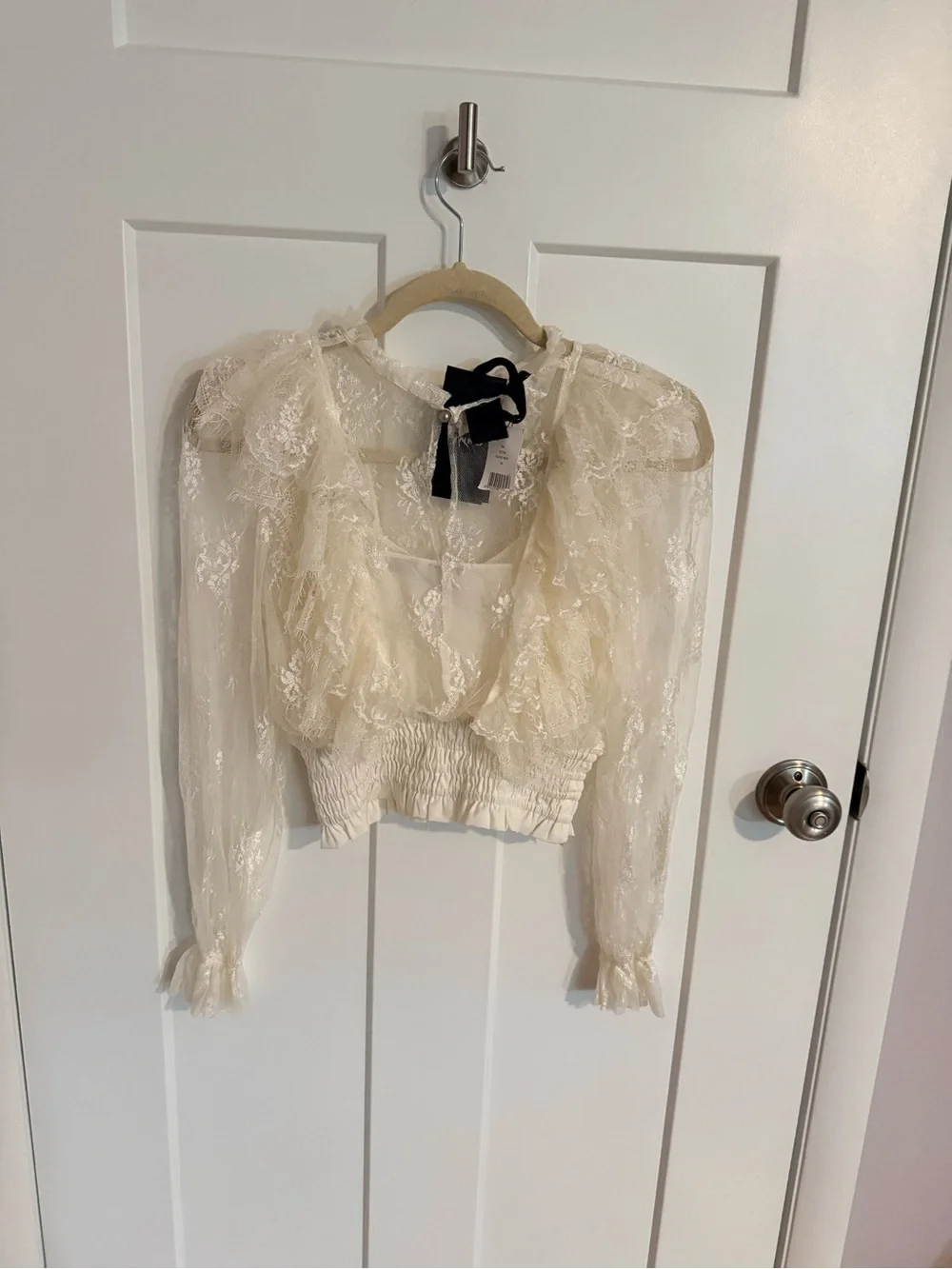 Pinko Cream Sheer Lace Ruffle Crop Blouse